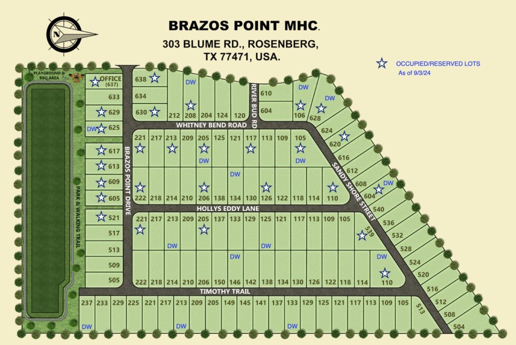 Currently occupied or reserved spaces at Brazos Point MHC